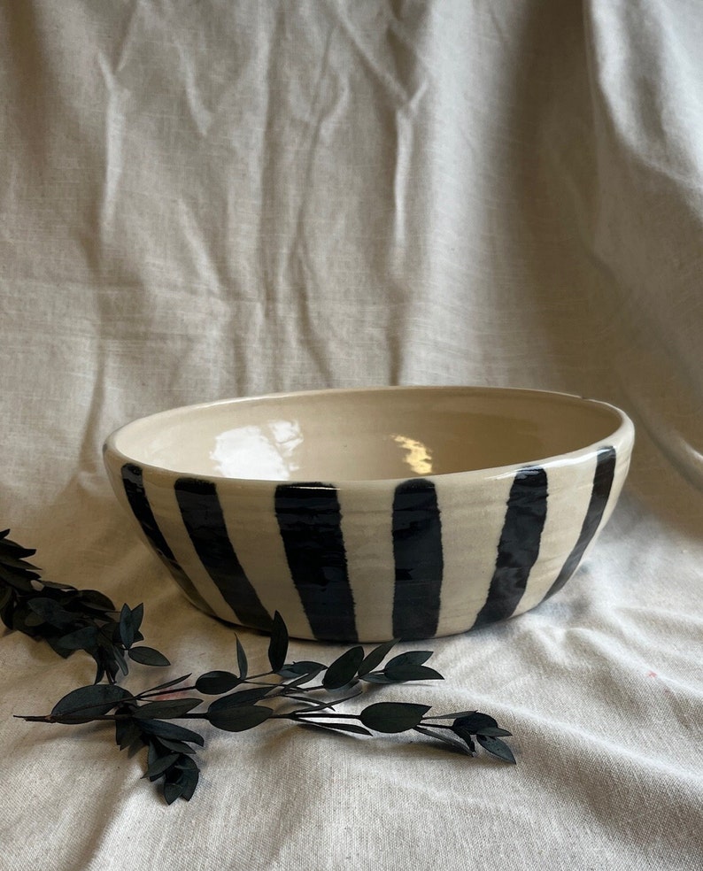 NEW Striped Fruit Bowl, handmade ceramics, black and white bowl, glazed ceramics dish, kitchenware, decorative ceramics, dining centerpiece image 1