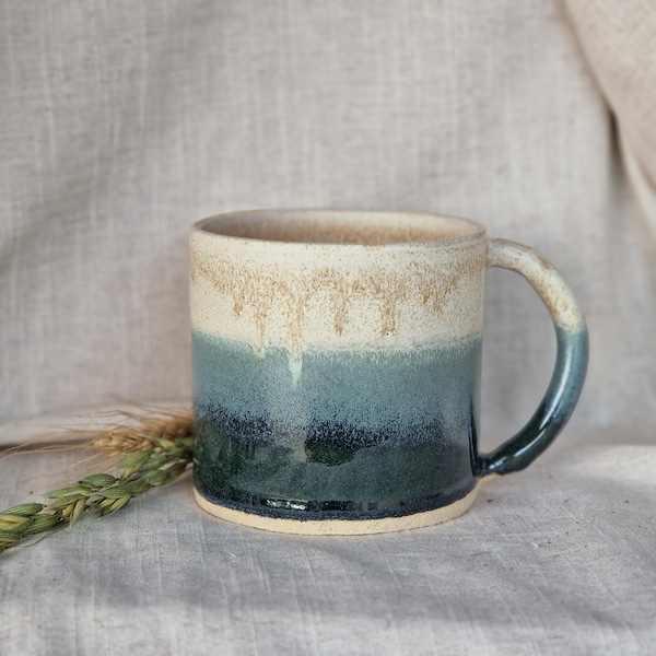 Mountains ceramic mug, Cream and Green cup, 400ml green mugs, unique british gift, tea coffee lover, ocean glazed dining,beige handmade mugs