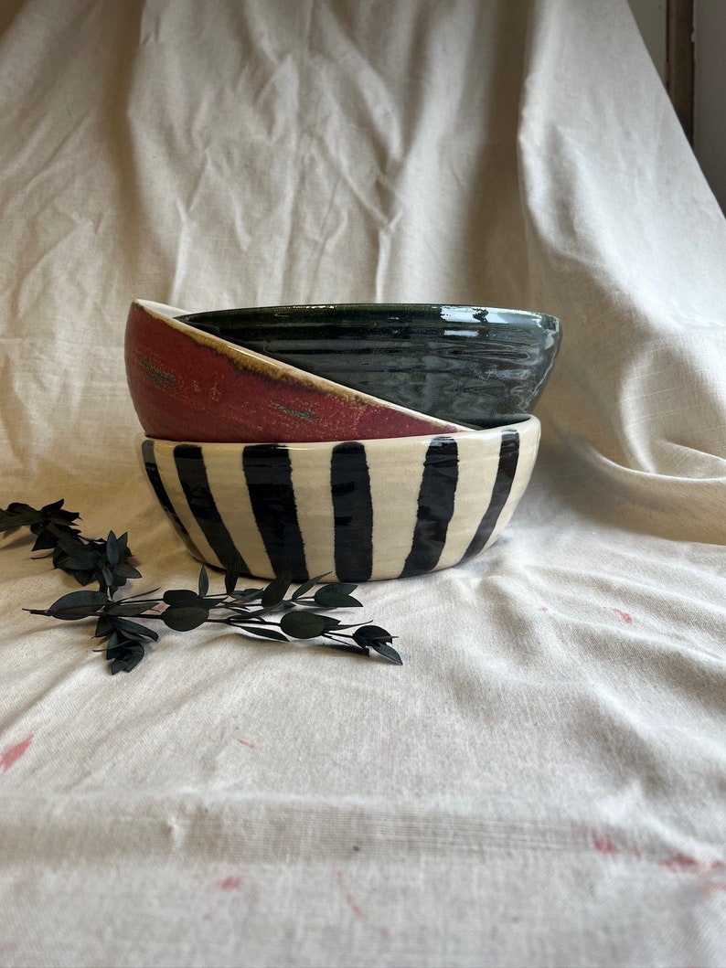 NEW Striped Fruit Bowl, handmade ceramics, black and white bowl, glazed ceramics dish, kitchenware, decorative ceramics, dining centerpiece image 2