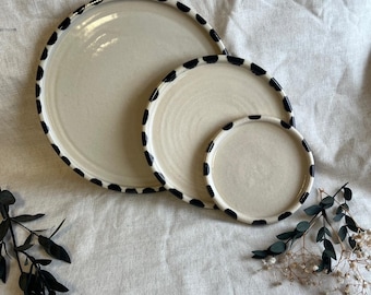 Stripe Ceramic plates, handmade lunch plate , unique white dining, handcrafted serving ceramics, home kitchen decor, black dish