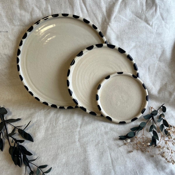 Stripe Ceramic plates, handmade lunch plate , unique white dining, handcrafted serving ceramics, home kitchen decor, black dish