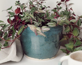Fioriera in ceramica verde, vaso smaltato fatto a mano, vaso per piante maculato, grande vaso turchese, regalo britannico unico, vasi per piante artigianali