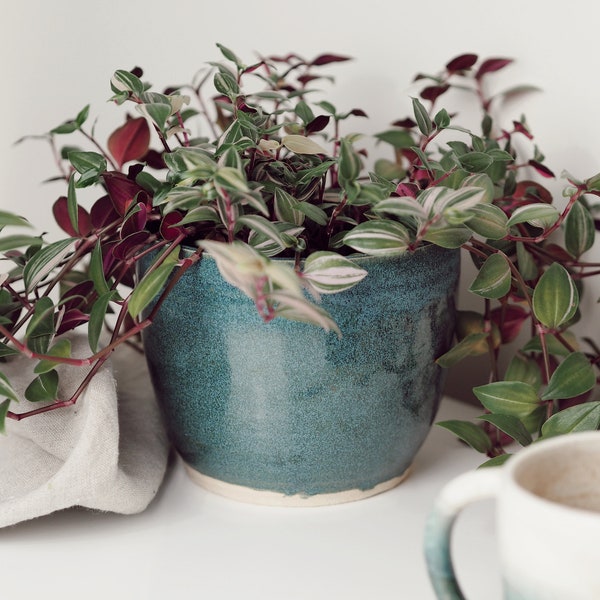 Green ceramic planter, Handmade glazed pot, speckled plant pot, large turquoise vessel, unique British gift, handcrafted plant pots