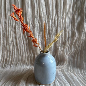 May include: A small, pale blue ceramic vase with a glossy finish, containing dried orange and beige decorative stems. The vase has a rounded shape and sits on a neutral-coloured, textured fabric background. A simple, elegant floral arrangement.