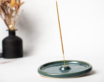 Dark Green Incense Stick Holder, Home Decor, Boho Home, Hand Thrown Ceramics, Sage Burning Tray, Deep Green Dish