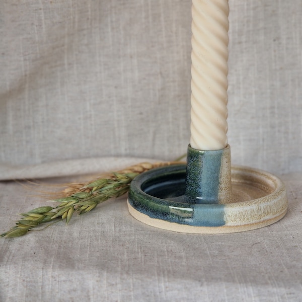 Mountains candlestick set, green and cream candle gift homeware, boho home decor, Speckled candle stick holder