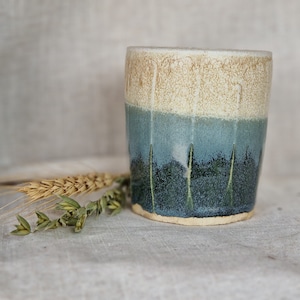 Mountain ceramic beaker, Cream glazed cup, hand carved clay, 250ml green mugs, unique british gift, tea coffee lover, beach dining