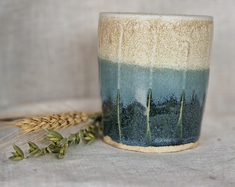 Mountain ceramic beaker, Cream glazed cup, hand carved clay, 250ml green mugs, unique british gift, tea coffee lover, beach dining