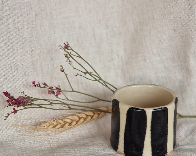 NEW Stripe Espresso cup, 50ml black mugs, white ceramic mug, handmade clay cups, unique british gift, espresso coffee lover, ceramics shots