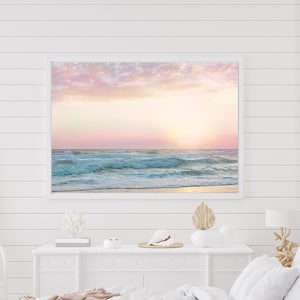 Beach Wall Art, Pink Bathroom Decor, Pastel Wall Art, Pink Beach Art, Beach Art Print, Pastel Sunset Art, Nursery Wall Art, Girls Room image 1