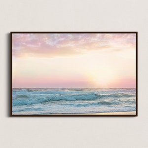 Beach Wall Art, Pink Bathroom Decor, Pastel Wall Art, Pink Beach Art, Beach Art Print, Pastel Sunset Art, Nursery Wall Art, Girls Room Framed Canvas-Walnut