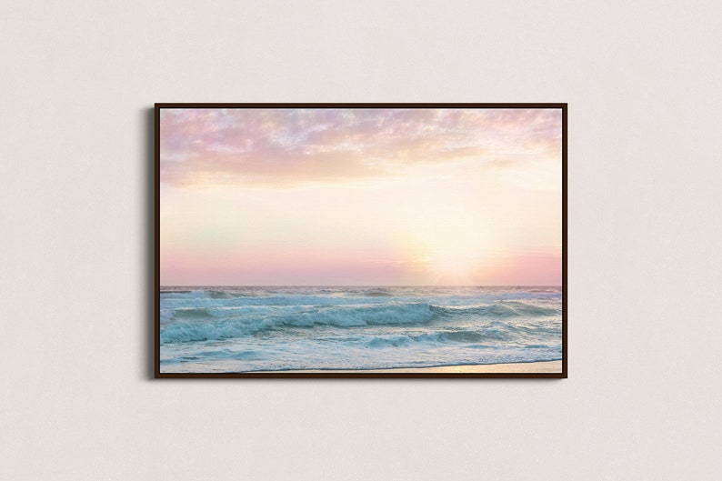 Beach Wall Art, Pink Bathroom Decor, Pastel Wall Art, Pink Beach Art, Beach Art Print, Pastel Sunset Art, Nursery Wall Art, Girls Room Framed Canvas-Walnut