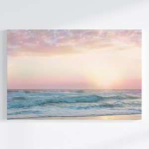 Beach Wall Art, Pink Bathroom Decor, Pastel Wall Art, Pink Beach Art, Beach Art Print, Pastel Sunset Art, Nursery Wall Art, Girls Room Canvas Wrap