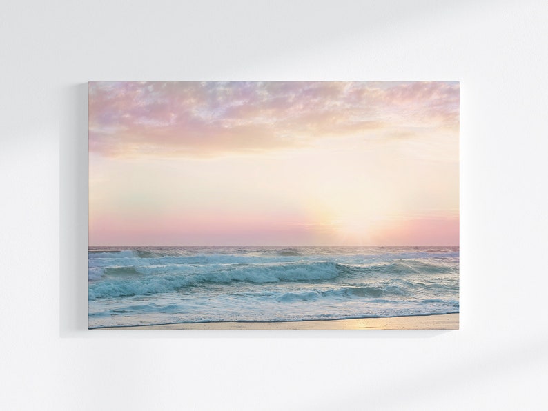 Beach Wall Art, Pink Bathroom Decor, Pastel Wall Art, Pink Beach Art, Beach Art Print, Pastel Sunset Art, Nursery Wall Art, Girls Room Canvas Wrap