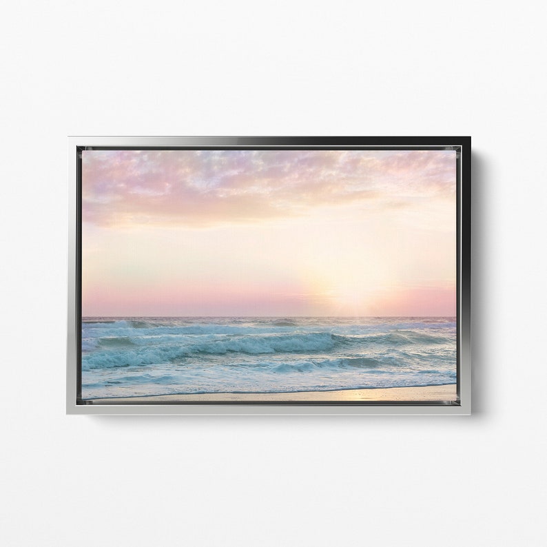 Beach Wall Art, Pink Bathroom Decor, Pastel Wall Art, Pink Beach Art, Beach Art Print, Pastel Sunset Art, Nursery Wall Art, Girls Room Framed Canvas-Silver