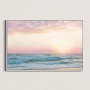 Beach Wall Art, Pink Bathroom Decor, Pastel Wall Art, Pink Beach Art, Beach Art Print, Pastel Sunset Art, Nursery Wall Art, Girls Room Framed Canvas-White