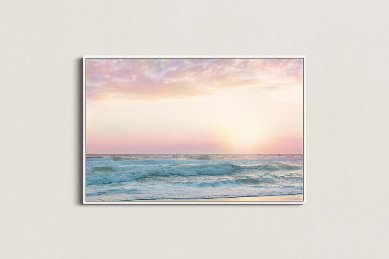 Beach Wall Art, Pink Bathroom Decor, Pastel Wall Art, Pink Beach Art, Beach Art Print, Pastel Sunset Art, Nursery Wall Art, Girls Room Framed Canvas-White