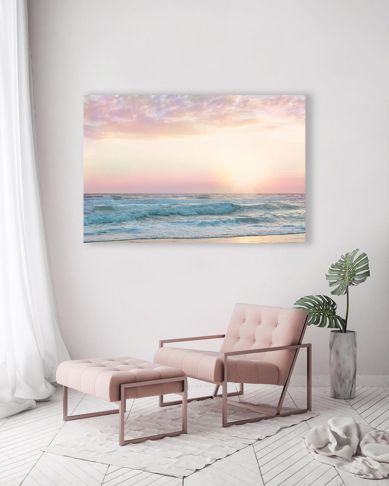 Beach Wall Art, Pink Bathroom Decor, Pastel Wall Art, Pink Beach Art, Beach Art Print, Pastel Sunset Art, Nursery Wall Art, Girls Room image 4