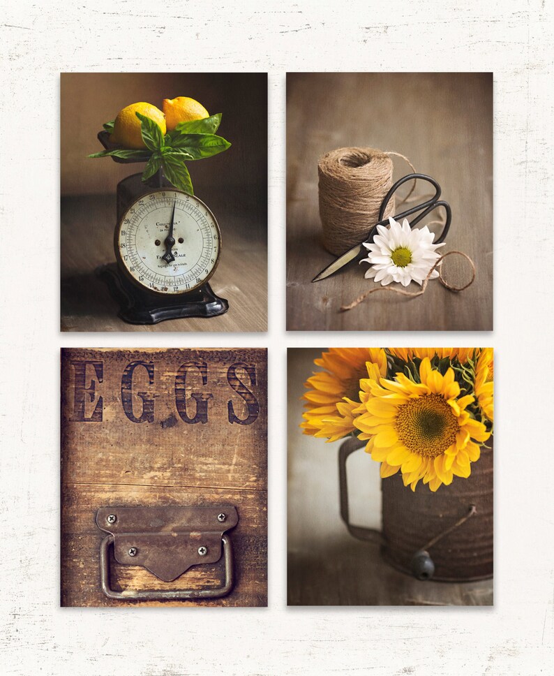 Rustic Kitchen Wall Art SET of FOUR Prints or Canvases Brown Etsy