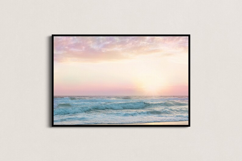 Beach Wall Art, Pink Bathroom Decor, Pastel Wall Art, Pink Beach Art, Beach Art Print, Pastel Sunset Art, Nursery Wall Art, Girls Room Framed Canvas-Black