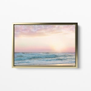 Beach Wall Art, Pink Bathroom Decor, Pastel Wall Art, Pink Beach Art, Beach Art Print, Pastel Sunset Art, Nursery Wall Art, Girls Room Framed Canvas-Gold