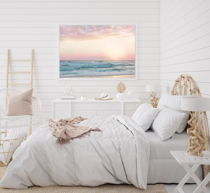 Beach Wall Art, Pink Bathroom Decor, Pastel Wall Art, Pink Beach Art, Beach Art Print, Pastel Sunset Art, Nursery Wall Art, Girls Room image 1