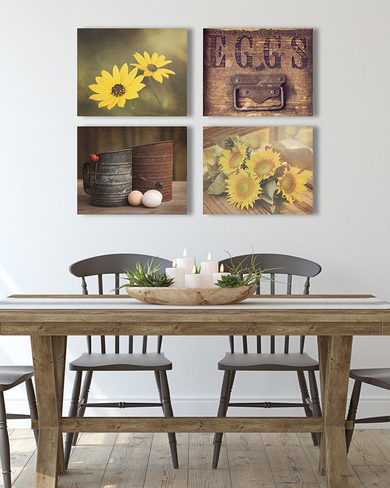 Farmhouse Wall Art Sets 4 Prints Or Canvases Sunflower Decor Rustic Kitchen Yellow Country Home