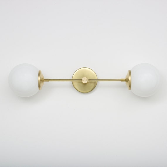 Brass Double Arm Wall Light With Opal, Chrome Bathroom Sconce With Shader