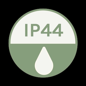 May include: A white circle with the text "IP44" in black lettering. The bottom half of the circle is green and features a white water drop.