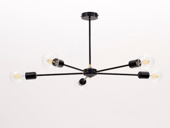 Black Five Arm Pendant Chandelier With Brass Tube Stem And Etsy