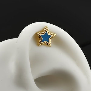 Joia de piercing de orelha de esmalte azul de ouro sólido 14k estrela, piercing de parafuso de orelha de ouro minimalista, piercing de lábio de parafuso presente para mulher