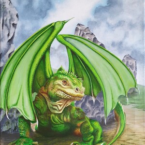 Drago verde e pietre erette di Avebury su un biglietto di auguri. Da un dipinto acrilico originale di Jane Stewart