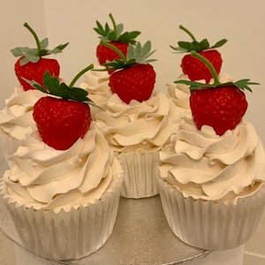Fake cupcakes vintage style strawberry cream faux desserts. food props. display photography. cake smash. gift for her. Cake stand.