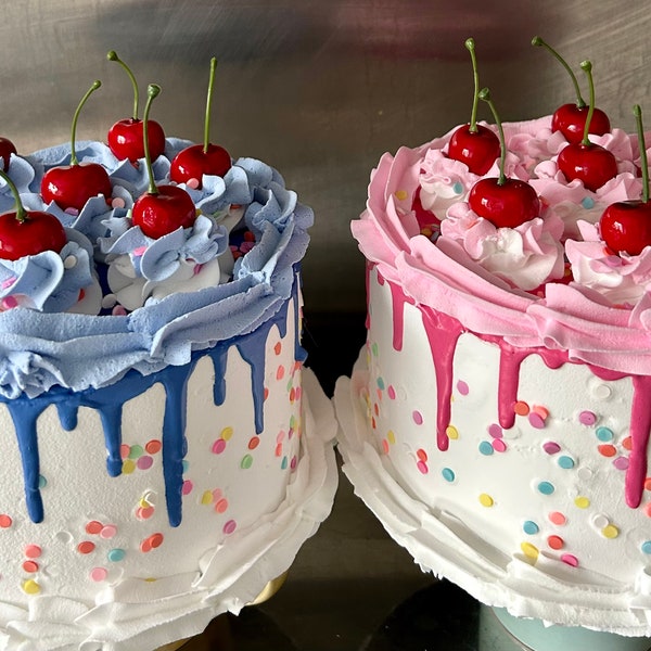 Fake pink drip party cake prop display centrepiece