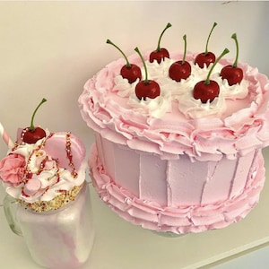 1 Pink ruffle fake bake 8in cake with cherries for display props or gift.