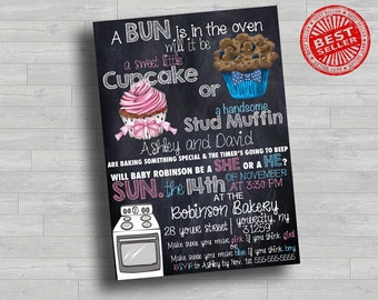 Gender Reveal-uitnodiging voor cupcake of noppenmuffin | Krijtbord 5 x 7 babyshowerfeest afdrukbaar | Digitale download bewerkbare sjabloon