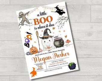 Babyshower-uitnodiging voor klein boe-geroep | Bewerkbare Halloween-babyshoweruitnodiging | Griezelig schattig afdrukbare sjabloon | Digitale Canva-download 5 x 7