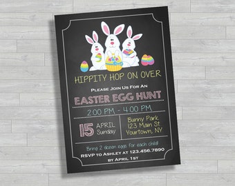 Uitnodiging paaseieren zoeken | Bunny Hop-feestuitnodiging | Hippity Hop kinderpasen afdrukbaar | Aangepaste digitale download pdf-jpeg