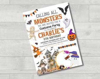 Verjaardagsuitnodiging Halloween-kostuum: spookachtig monsterfeest (5 x 7, digitale download van canva)