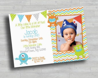 Eerste verjaardagsuitnodiging klein monster | Afdrukbaar eerste verjaardagsfeestje jongen | Kleurrijke monsterthema verjaardagsuitnodiging | 5 x 7 digitale download