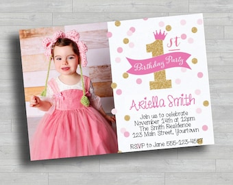 Roze gouden glitter 1e verjaardagsuitnodiging | Afdrukbaar eerste verjaardagsfeestje meisje | Foto-uitnodiging met stippen | 5 x 7 digitale download