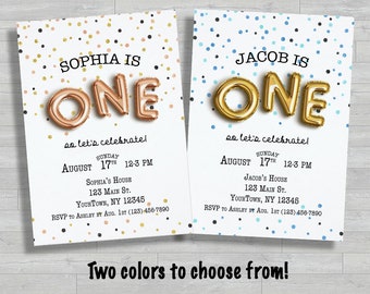 Gouden of roségouden ballon 1e verjaardagsuitnodiging | Feestuitnodiging voor meisjes of jongens met stippen | Aangepaste bewerkbare pdf JPG digitale download