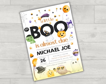 Babyshower-uitnodiging voor klein boe-geroep | Bewerkbare Halloween-babyshoweruitnodiging | Griezelig schattig afdrukbare sjabloon | Digitale Canva-download 5 x 7