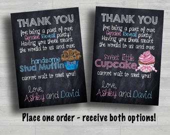 Gender Reveal-bedankkaart voor cupcake of noppenmuffin | Krijtbord babyshower afdrukbaar | 5 x 7 digitale download | Feestje bedankt