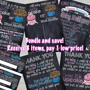 Cupcake oder Ohrstecker Muffin Gender Reveal Bundle Einladung Einladungsverlosung Thank You Pins Old Wives' Tales Abstimmungsschild DOWNLOAD DIGITAL FILES 5X7