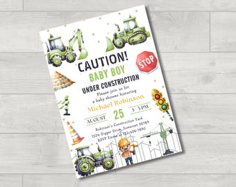 Uitnodiging babyshower bouw | Thema in aanbouw| Bewerkbare afdrukbare sjabloon | Digitale Canva-download 5 x 7