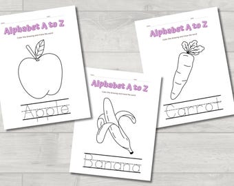 A-Z alfabet kleurplaat kinderen | Activiteitenwerkblad voor kinderen Letters Kleuren| Educatieve school afdrukbaar | Digitale pdf direct downloaden