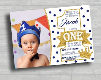 Prins 1e verjaardagsuitnodiging | Uitnodiging koningsblauw goud glitter eerste jarige | Aangepaste foto digitale download pdf JPG 5 x 7