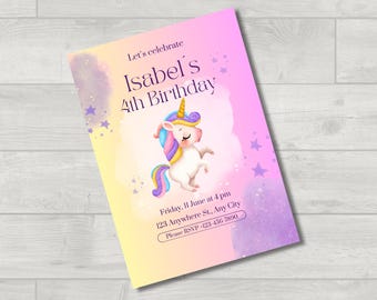 Verjaardagsuitnodiging eenhoorn | Magisch ontwerpthema regenboogsterren| Bewerkbare afdrukbare sjabloon | Digitale Canva-download 5 x 7