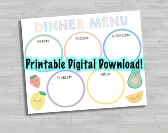 Leuke fruitdinerplanner voor kinderen | Afdrukbaar weekmenu | Schoollunch voor kinderen | Digitale download keukenmaaltijden